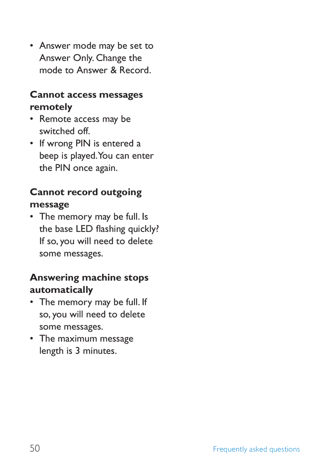 Philips SE245 manual Cannot access messages remotely, Cannot record outgoing message, Answering machine stops automatically 