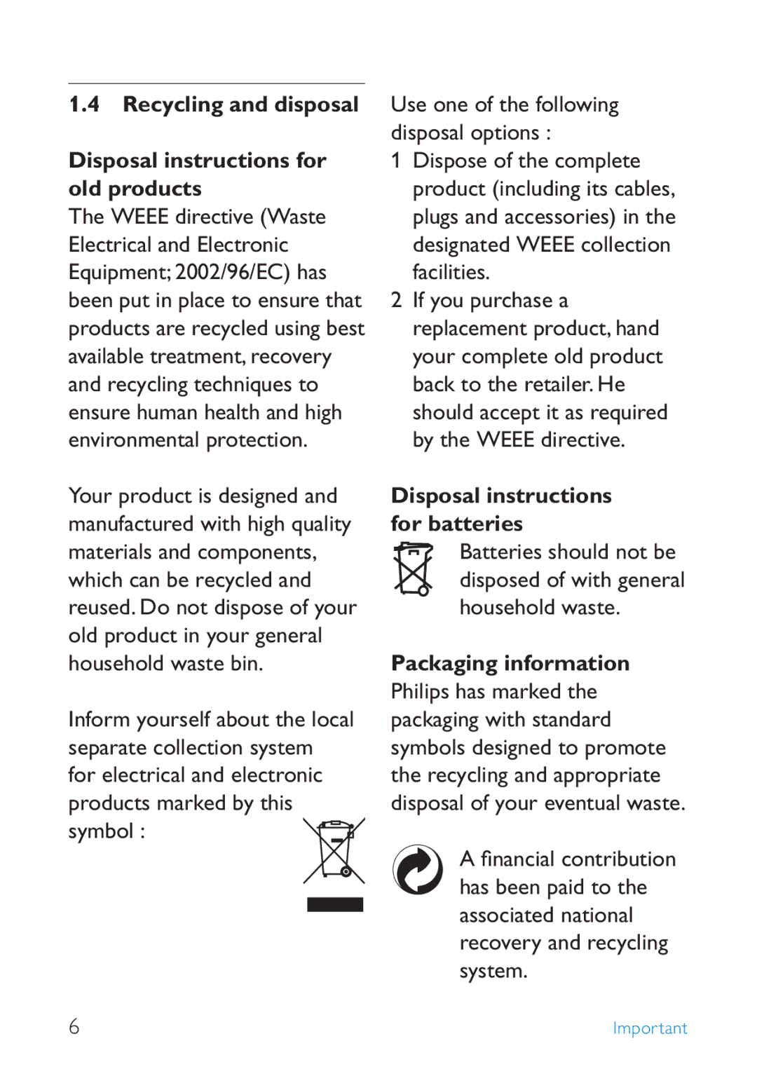 Philips SE245 manual Disposal instructions for batteries, Packaging information 