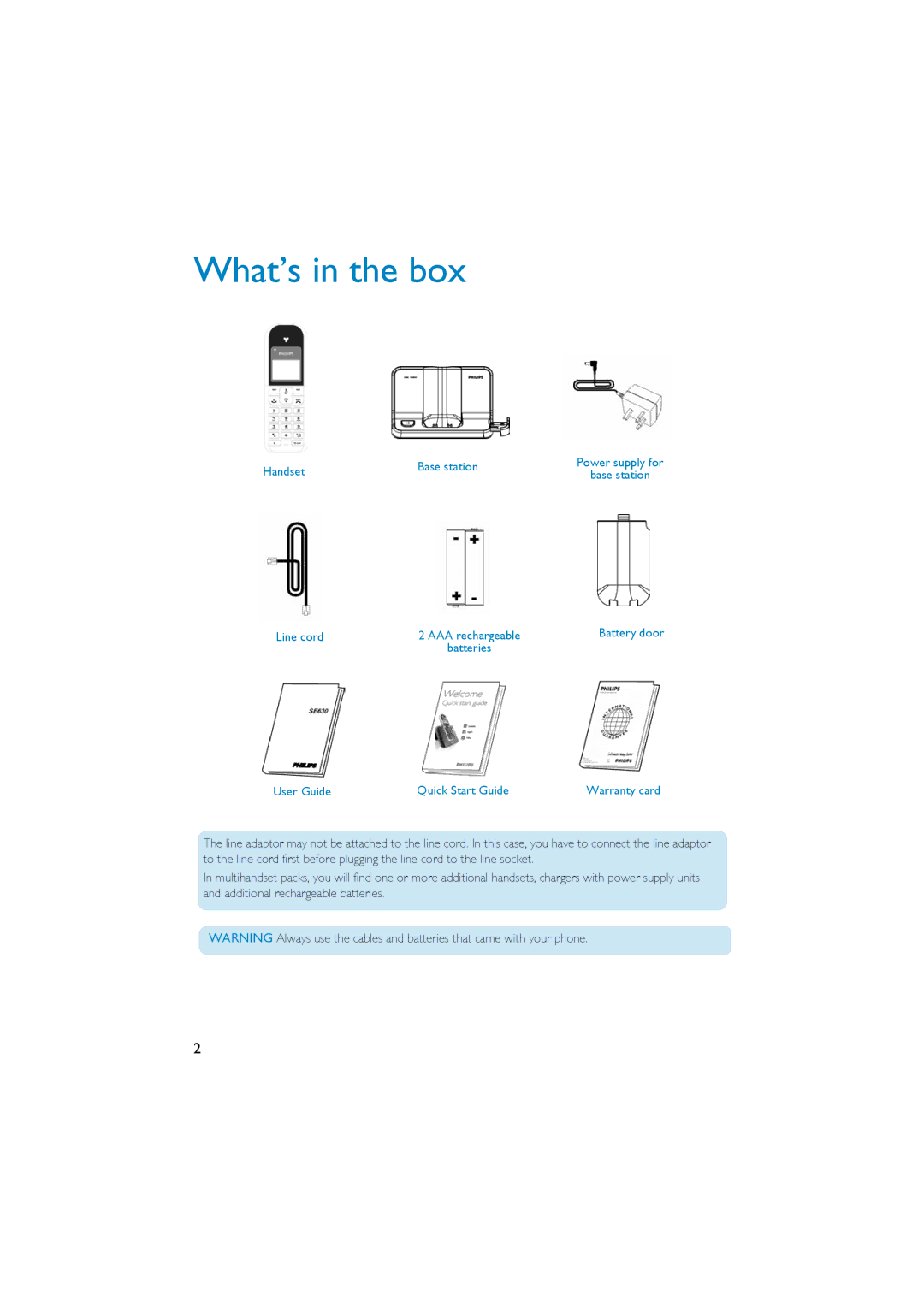 Philips SE430 quick start Handset Base station, Line cord, User Guide Quick Start Guide 