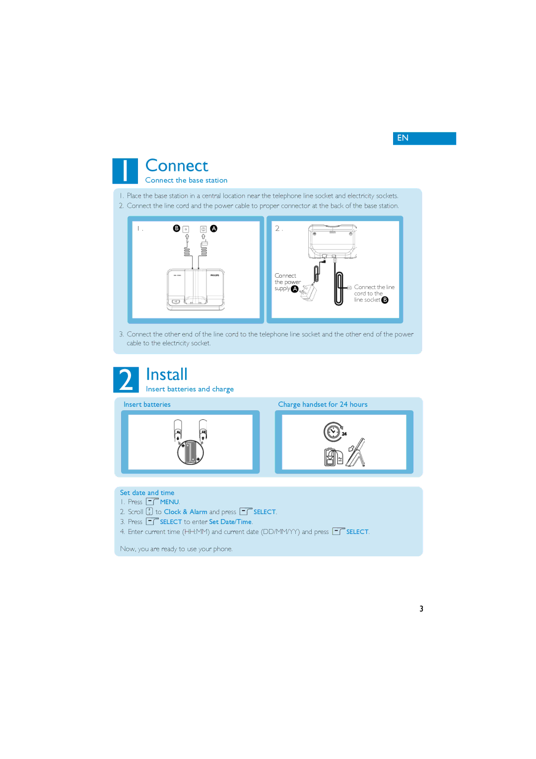 Philips SE430 quick start Install, Connect the base station, Insert batteries and charge 