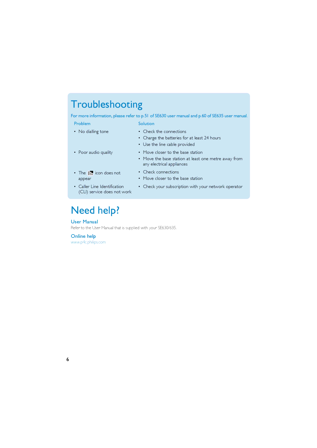Philips SE430 quick start Troubleshooting, Need help?, Problem Solution 