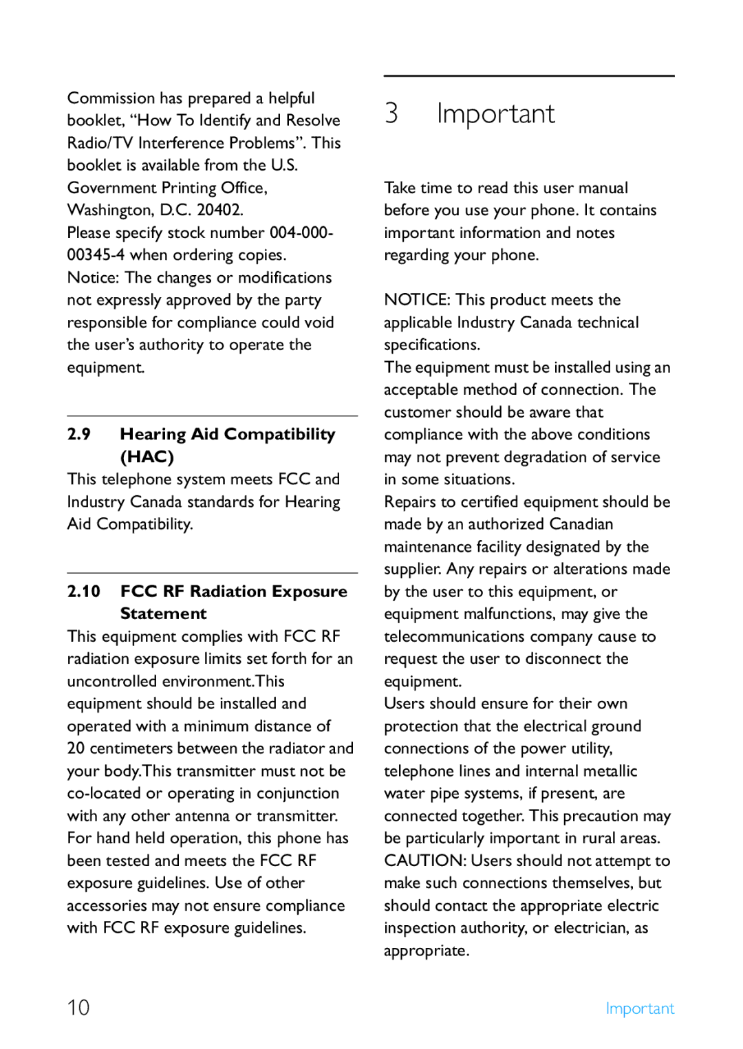 Philips SE4502B manual Hearing Aid Compatibility, FCC RF Radiation Exposure Statement 