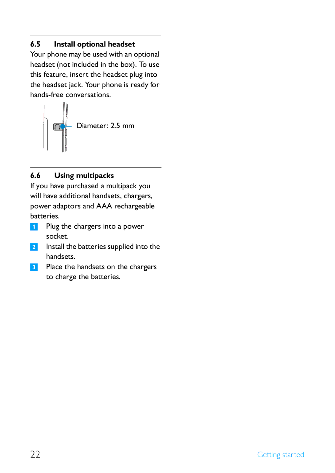 Philips SE4502B manual Install optional headset, Diameter 2.5 mm, Using multipacks 