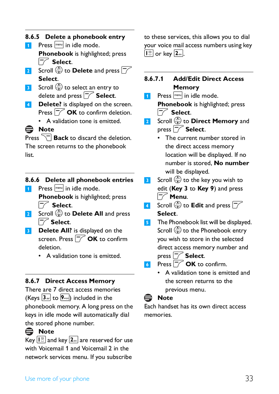 Philips SE4502B manual Delete a phonebook entry 1 Press m in idle mode, Delete all phonebook entries 1 Press m in idle mode 