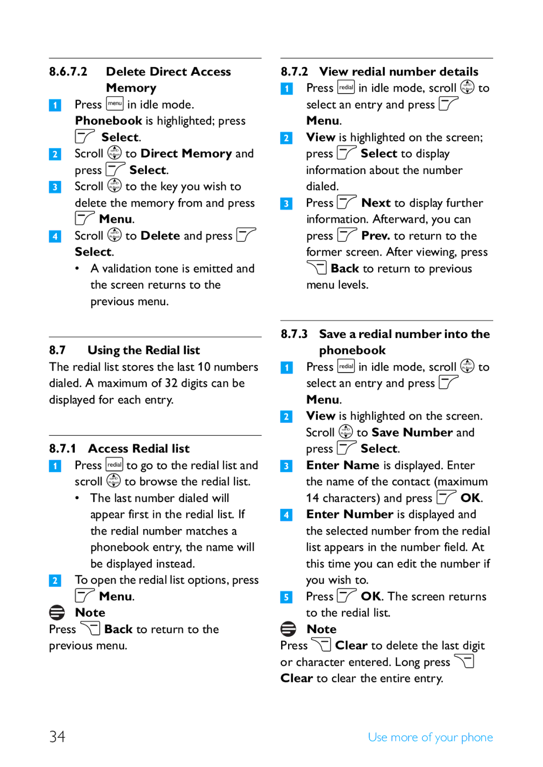 Philips SE4502B manual Delete Direct Access Memory, Menu Scroll n to Delete and press o Select, Using the Redial list 