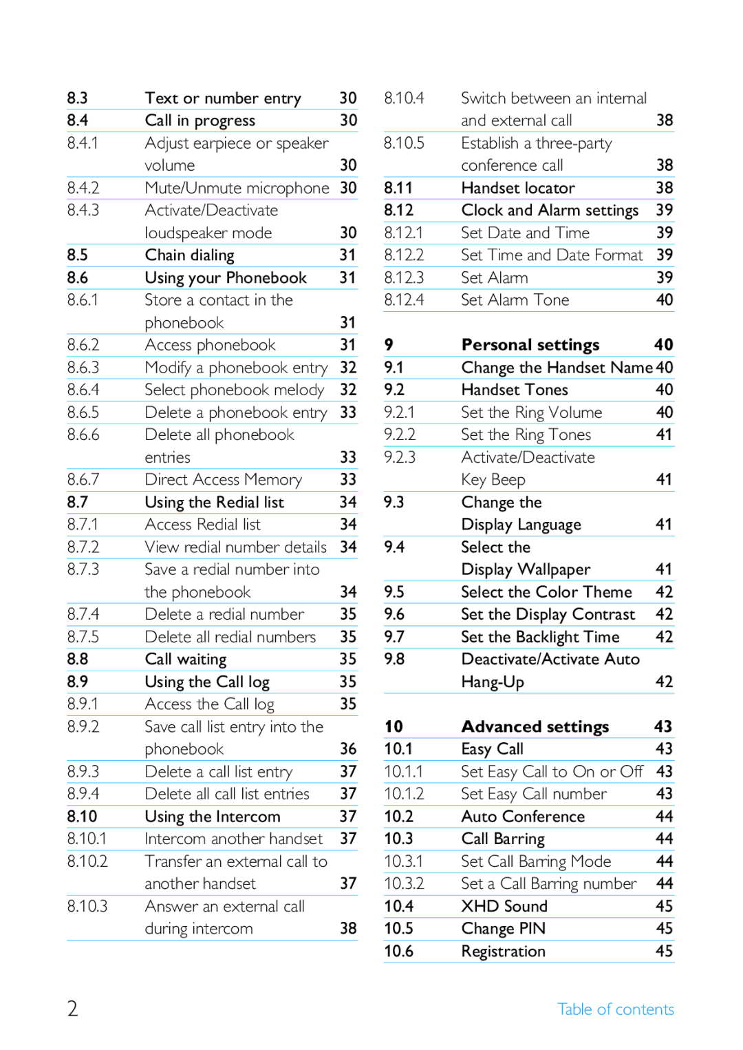 Philips SE4502B manual Personal settings, Advanced settings 10.1 Easy Call 