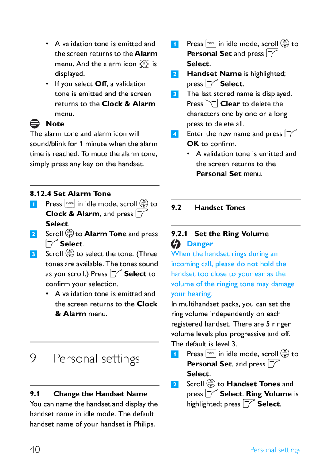 Philips SE4502B manual Personal settings, Set Alarm Tone, Select Handset Name is highlighted press o Select 