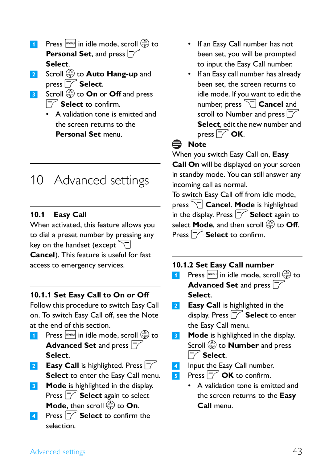 Philips SE4502B manual Advanced settings, Advanced Set and press o Select, Set Easy Call number 