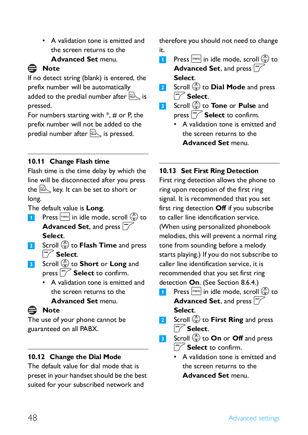 Philips SE4502B manual Change Flash time, Change the Dial Mode, Advanced Set, and press o Select 