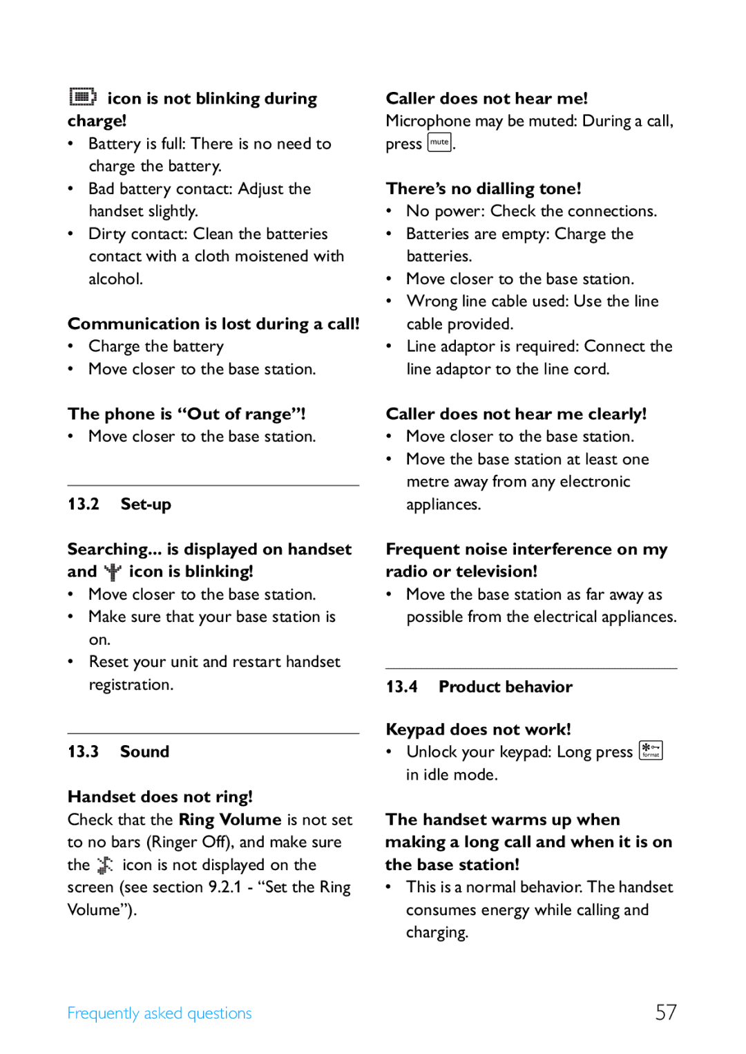 Philips SE4502B manual Icon is not blinking during charge, Communication is lost during a call, Phone is Out of range 
