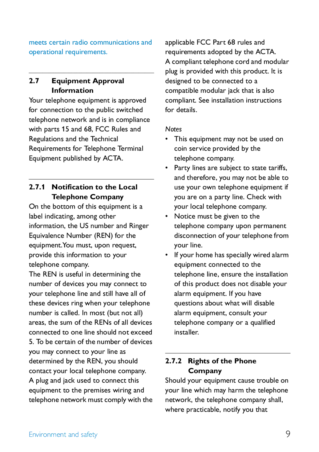 Philips SE455 Equipment Approval Information, Notification to the Local Telephone Company, Rights of the Phone Company 