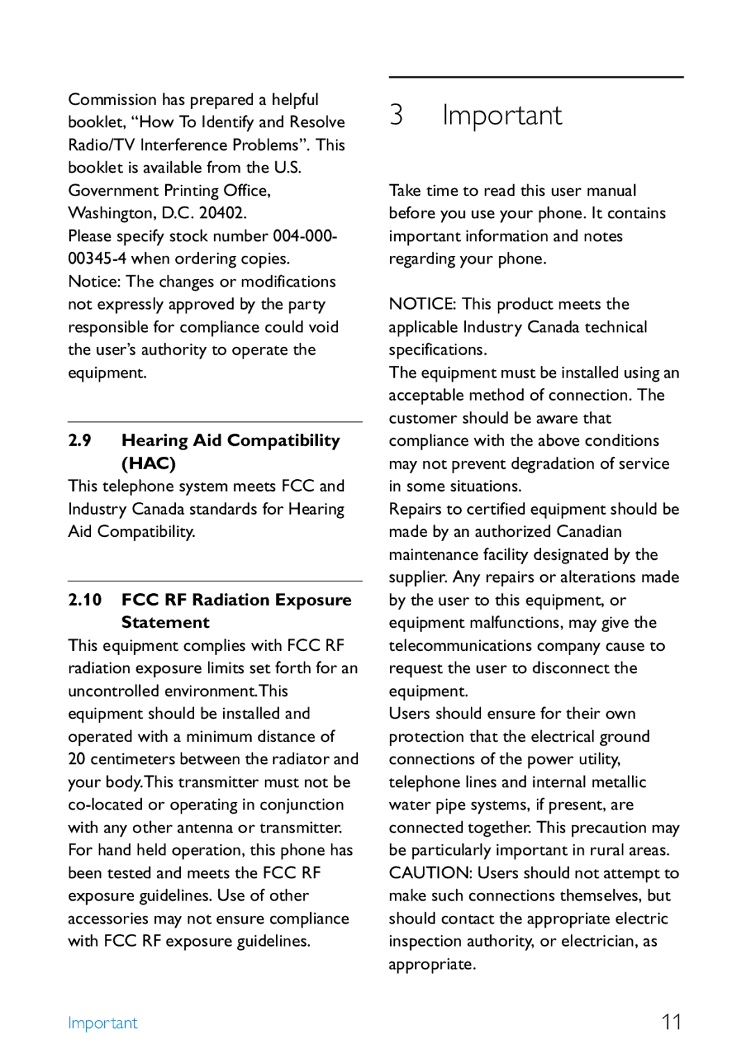 Philips SE455 manual Hearing Aid Compatibility HAC, FCC RF Radiation Exposure Statement 