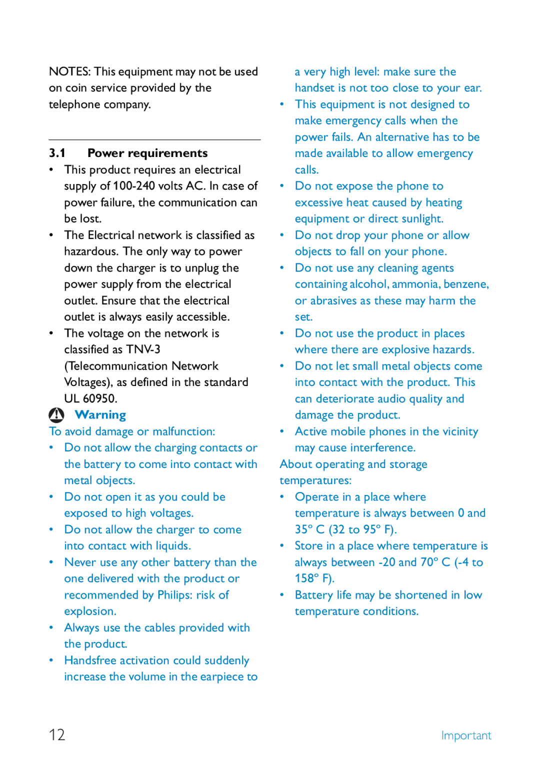 Philips SE455 manual Power requirements 