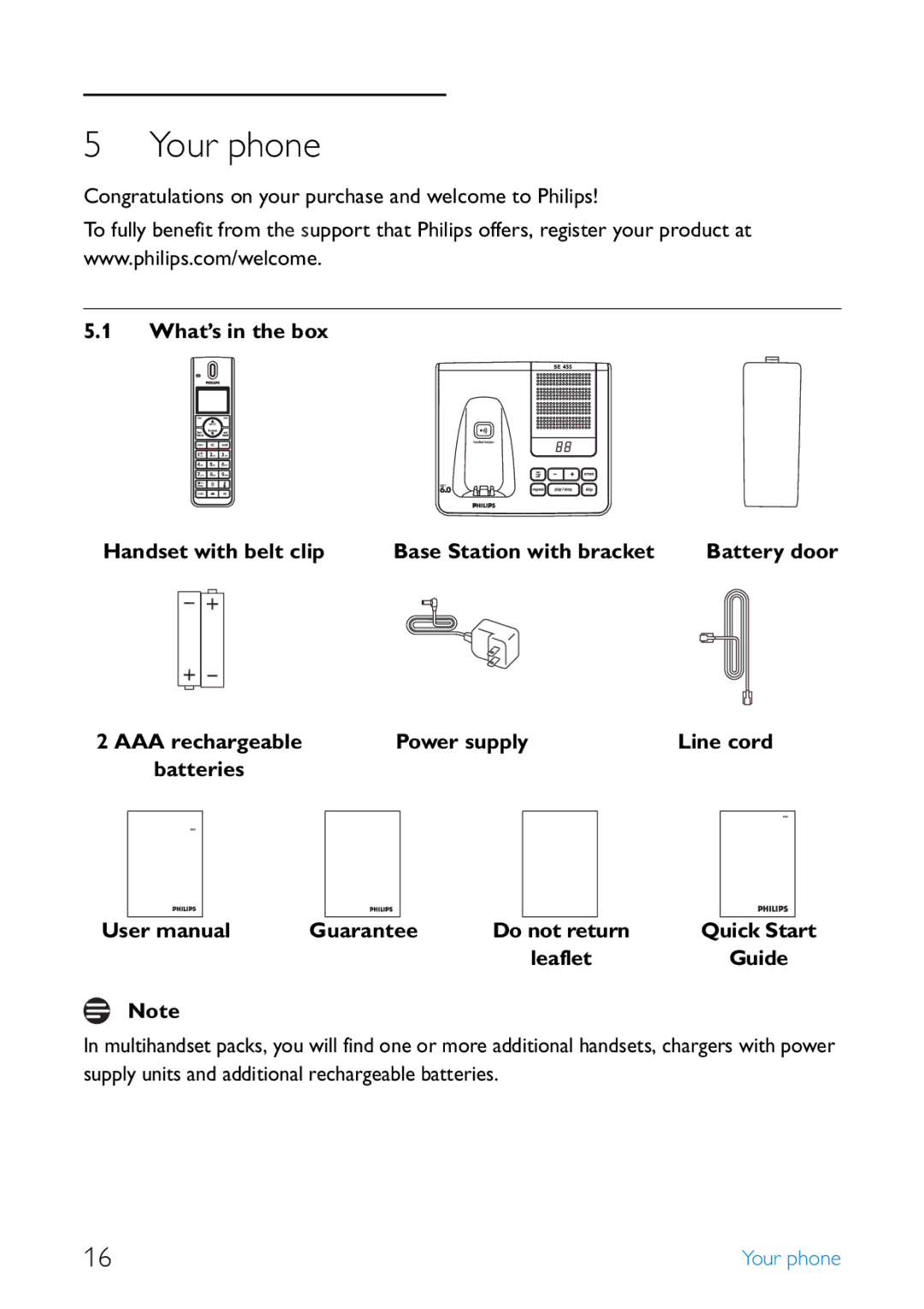 Philips SE455 manual Your phone, Congratulations on your purchase and welcome to Philips, Quick Start 