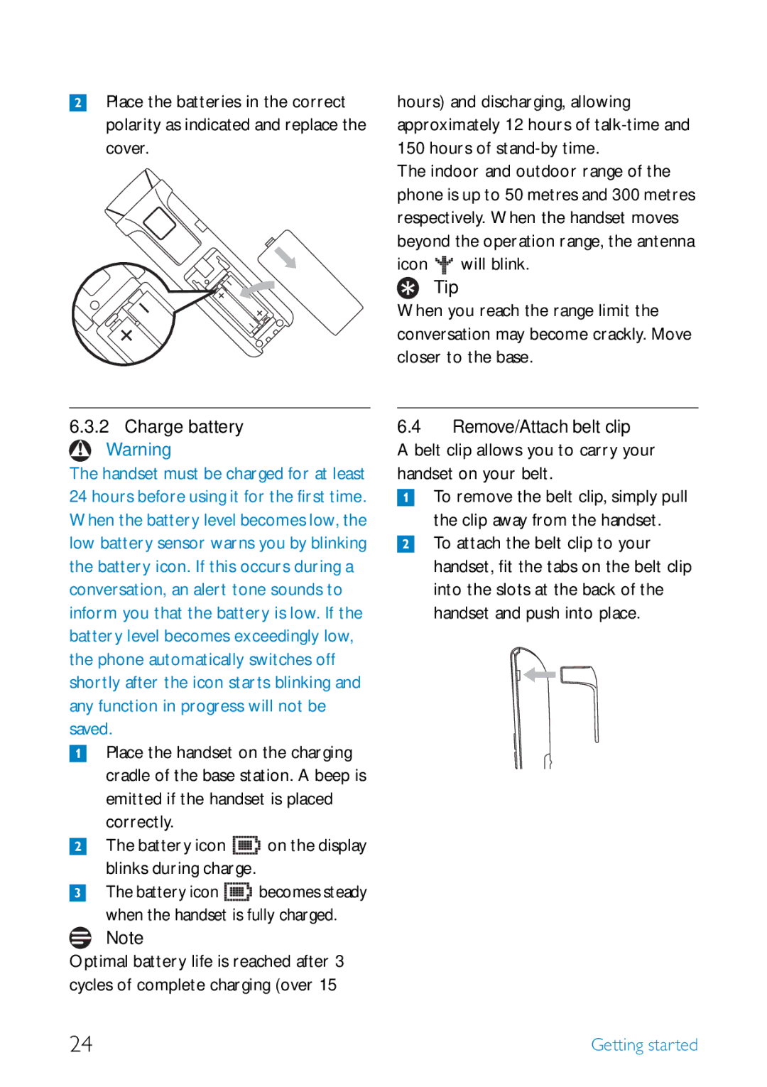 Philips SE455 manual Icon, Tip, Charge battery 