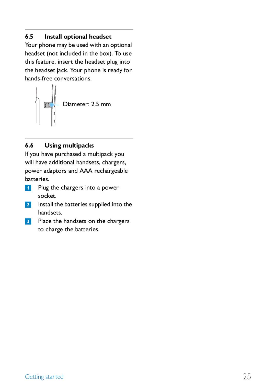 Philips SE455 manual Install optional headset, Diameter 2.5 mm, Using multipacks 