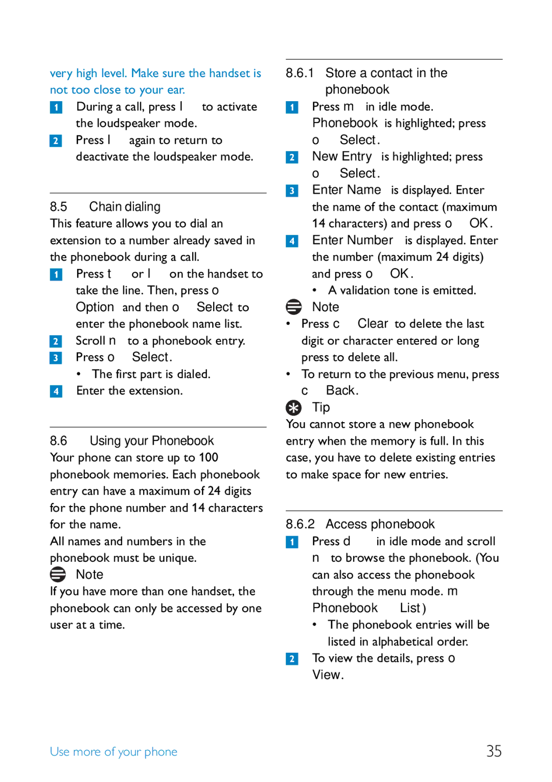 Philips SE455 manual Chain dialing, Store a contact in the phonebook, Select, Access phonebook, Phonebook List 