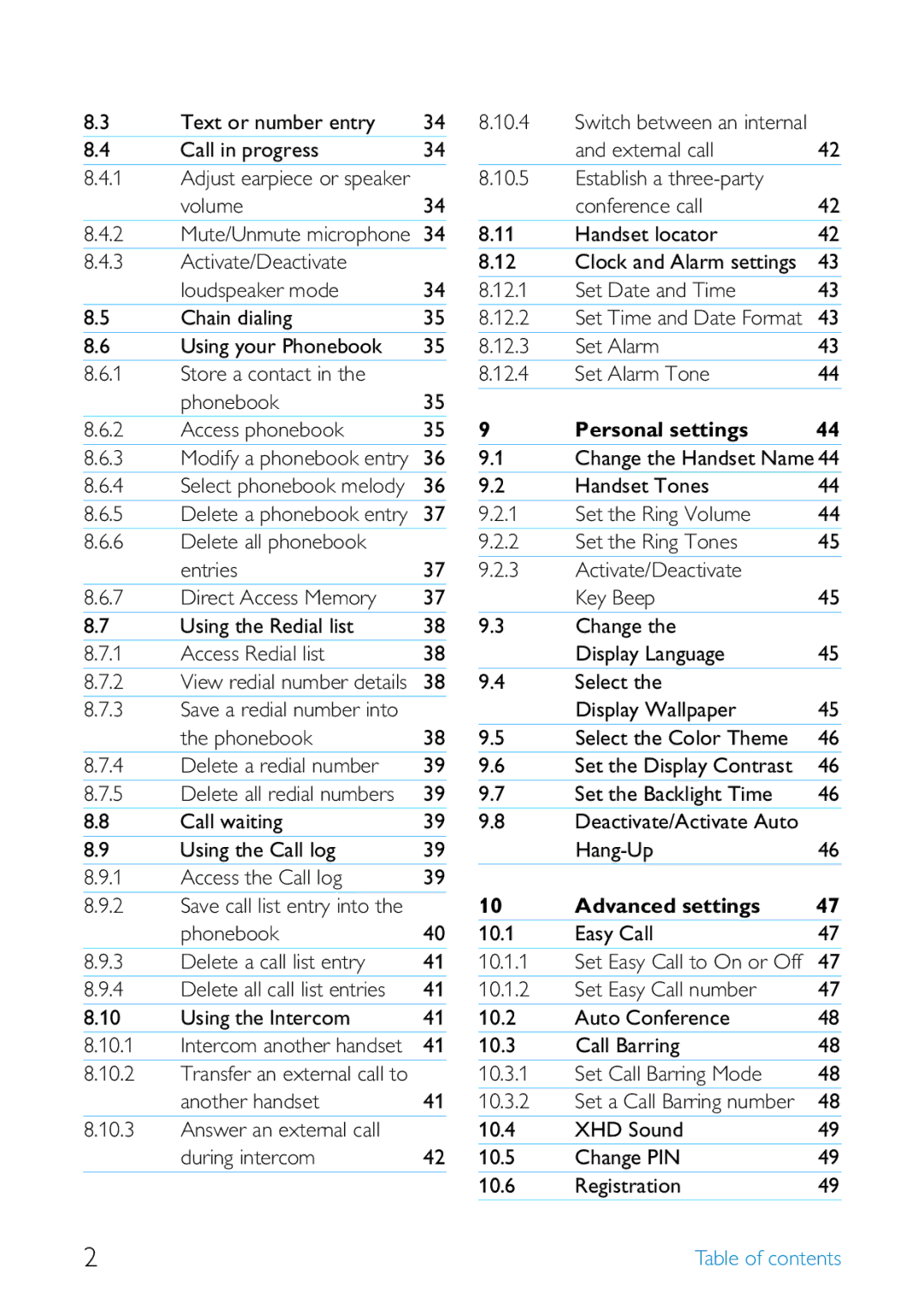 Philips SE455 manual Personal settings, Advanced settings 10.1 Easy Call 