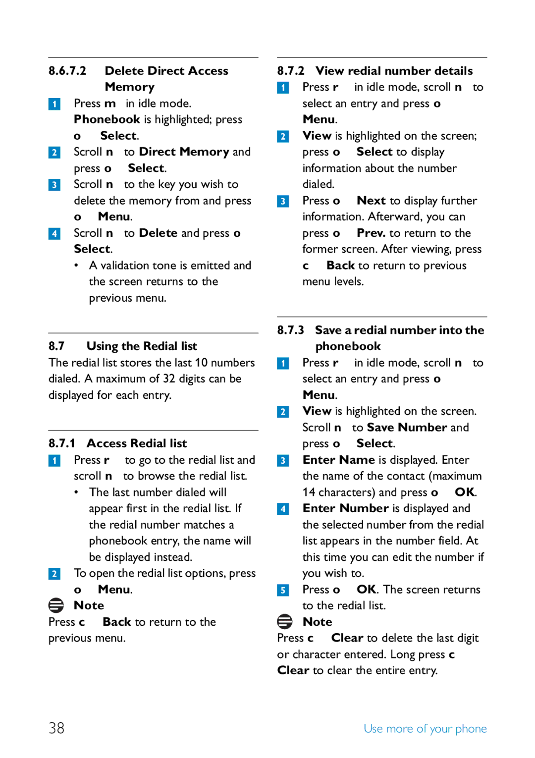 Philips SE455 manual Delete Direct Access Memory, Scroll n to Delete and press o Select, Using the Redial list 