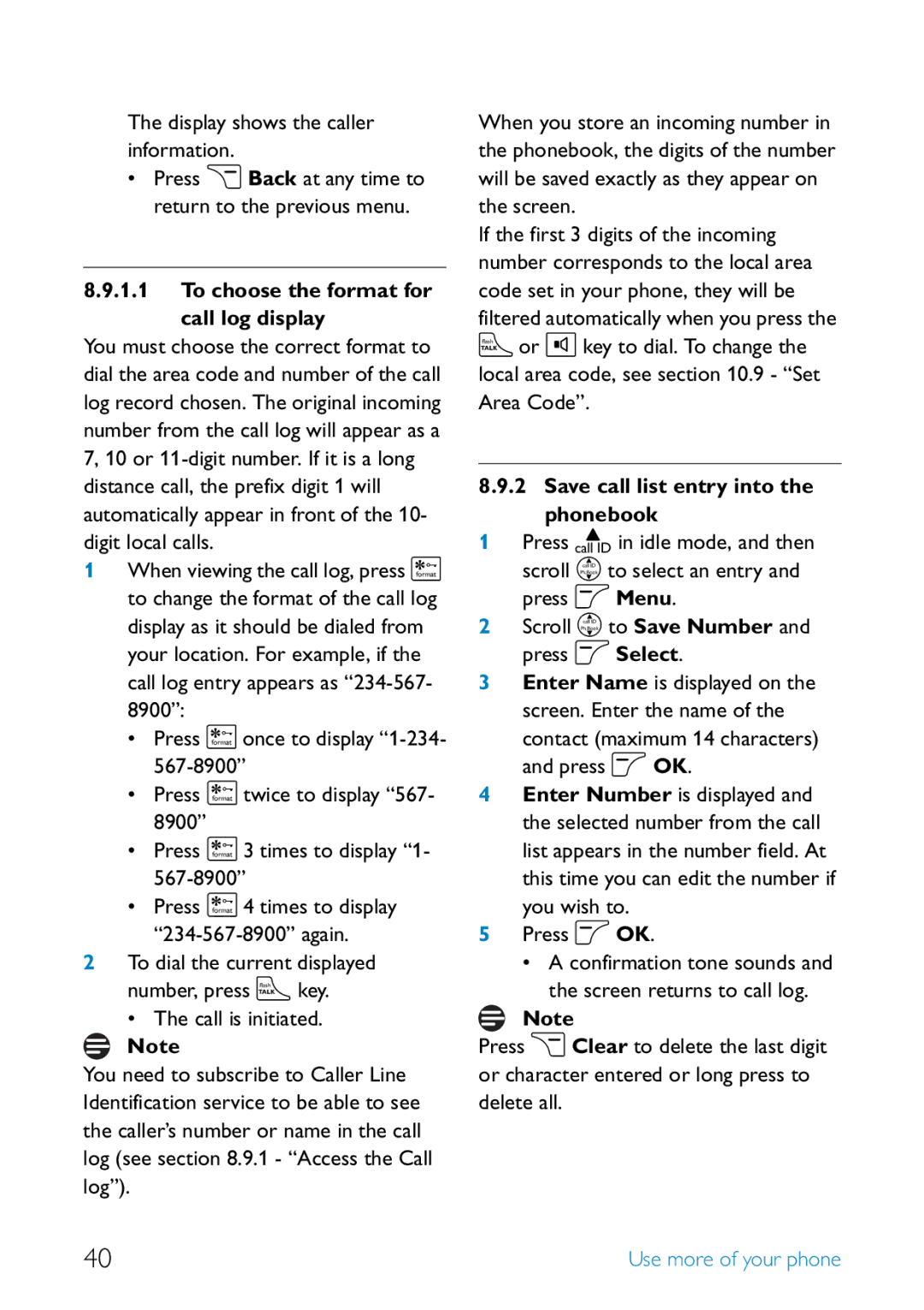 Philips SE455 manual Display shows the caller information, To choose the format for call log display 