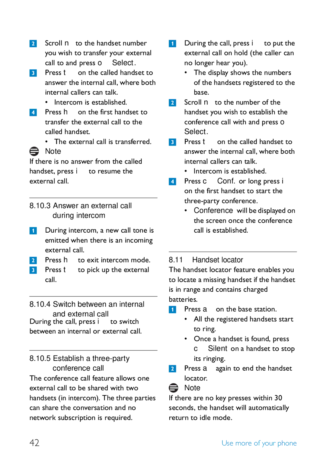 Philips SE455 manual Scroll n to the handset number, Answer an external call during intercom, Handset locator 