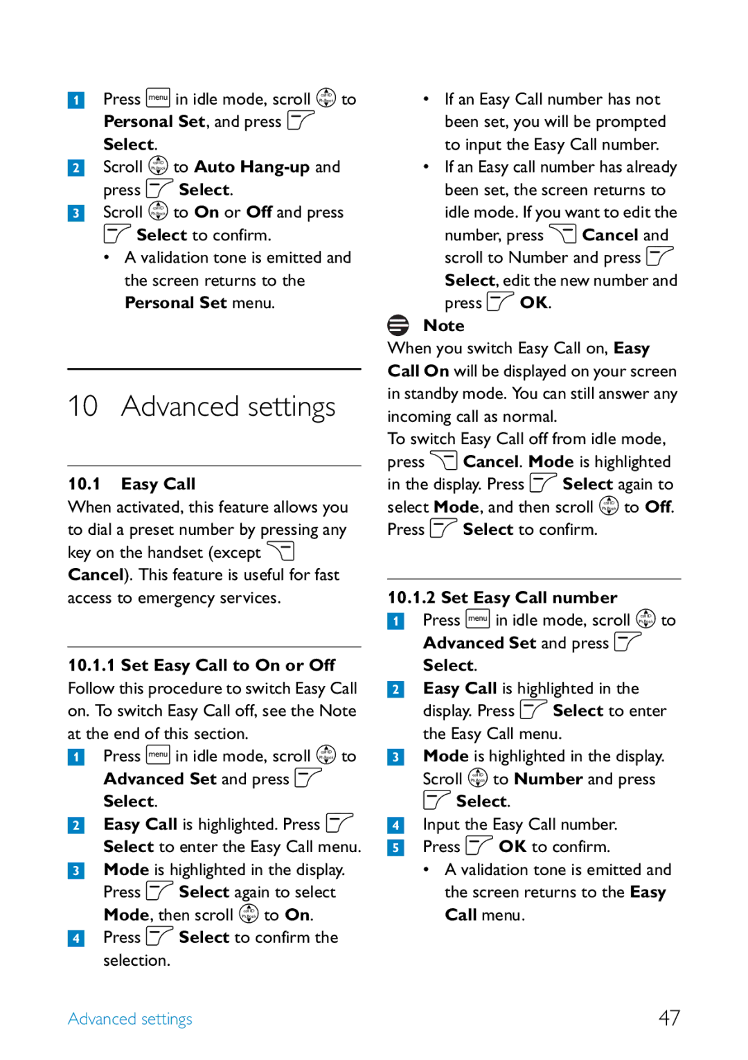 Philips SE455 manual Advanced settings, Advanced Set and press o Select, Set Easy Call number 