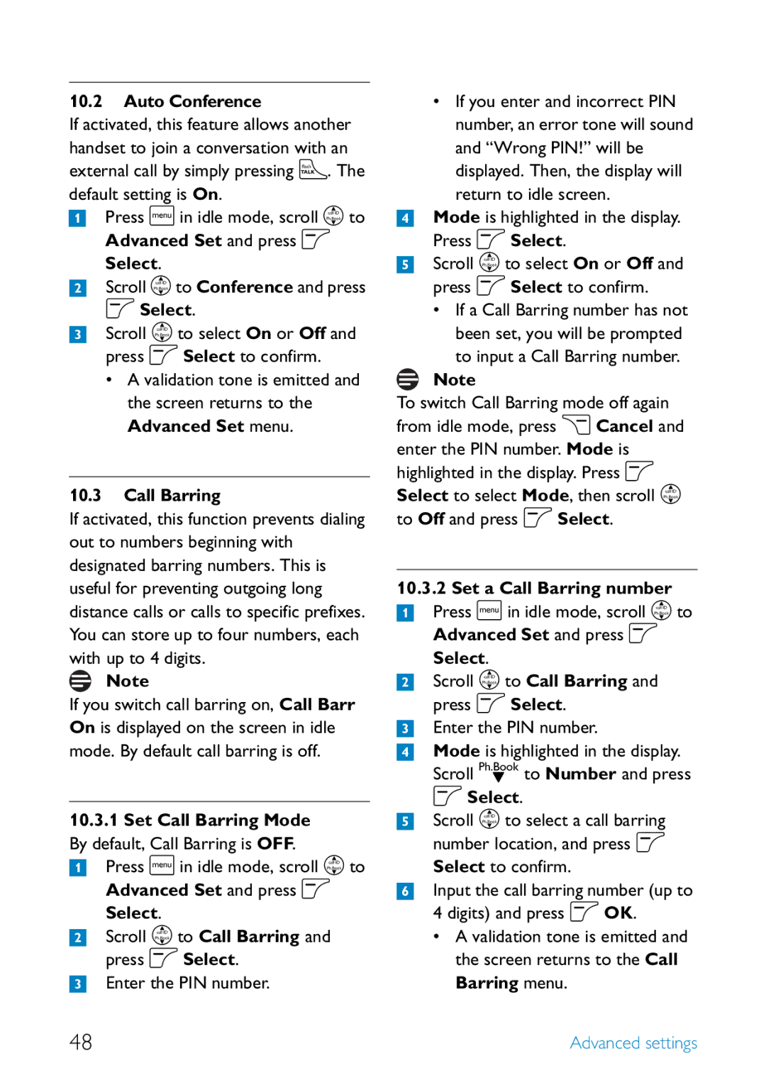 Philips SE455 manual Auto Conference, Set Call Barring Mode 