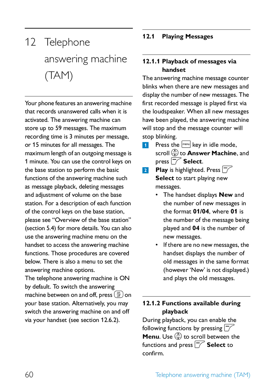 Philips SE455 manual Telephone answering machine TAM, Playing Messages Playback of messages via handset 