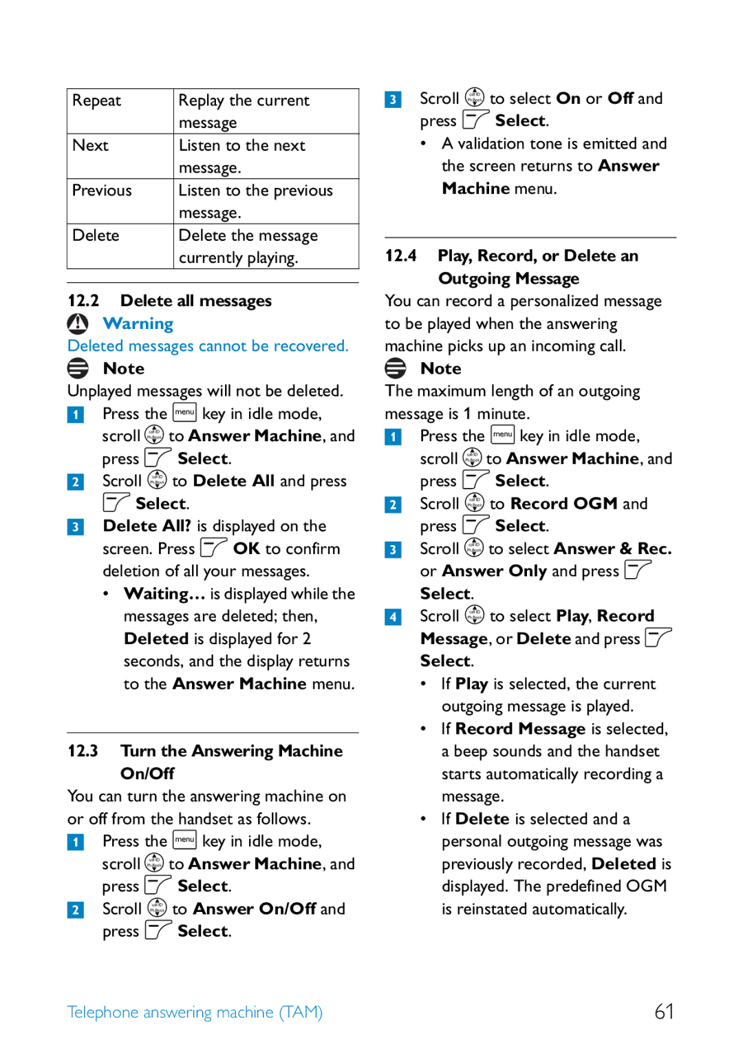 Philips SE455 manual Delete all messages, Scroll n to Answer Machine, and press o Select, Deletion of all your messages 