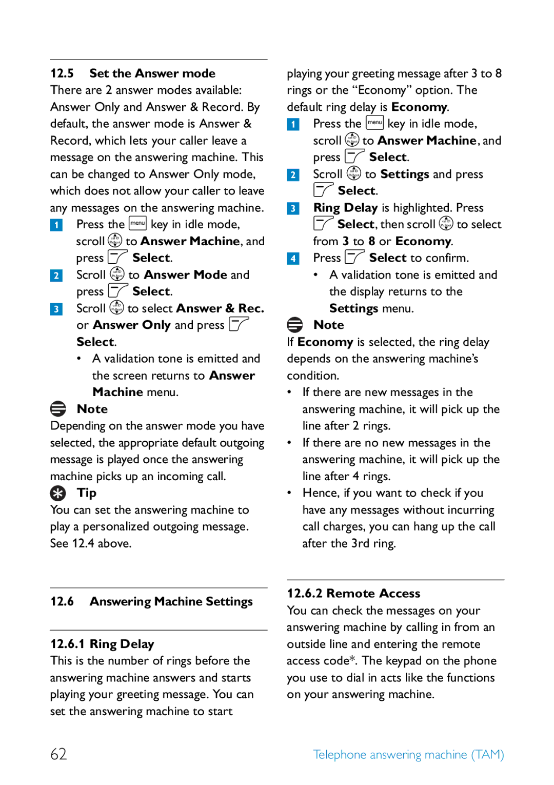 Philips SE455 manual Machine menu, Answering Machine Settings Ring Delay, Settings menu, Remote Access 