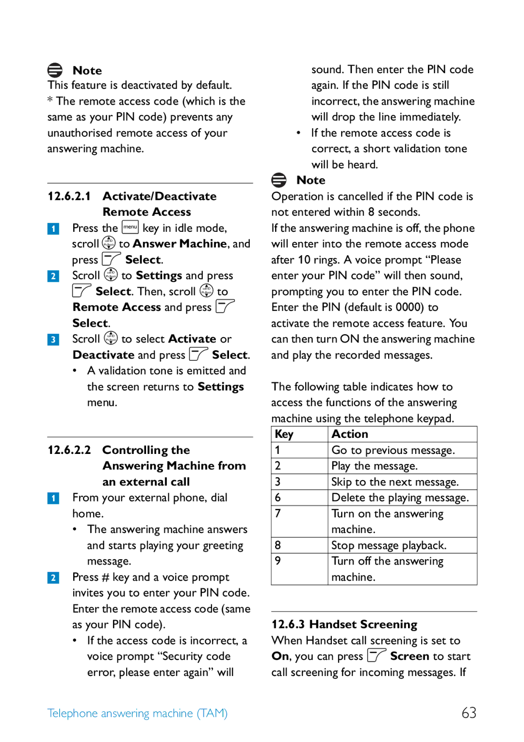 Philips SE455 manual Activate/Deactivate Remote Access, Key Action, Handset Screening 