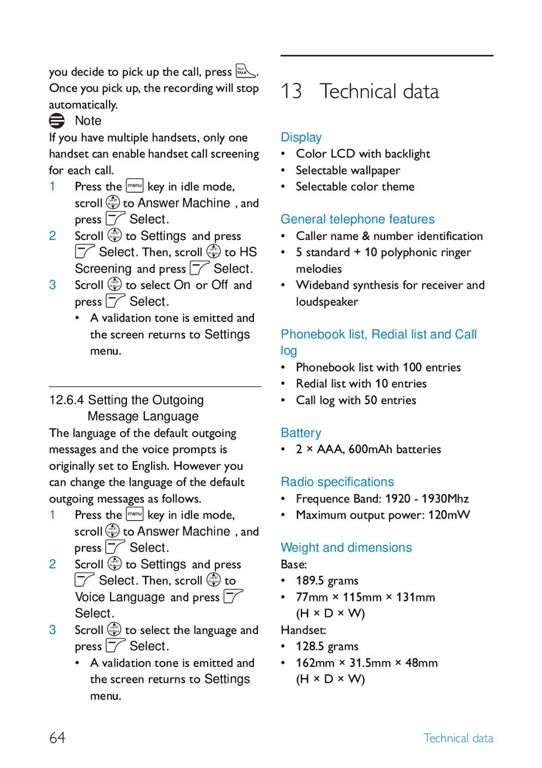 Philips SE455 manual Technical data, Select. Then, scroll n to Voice Language and press o, × AAA, 600mAh batteries 