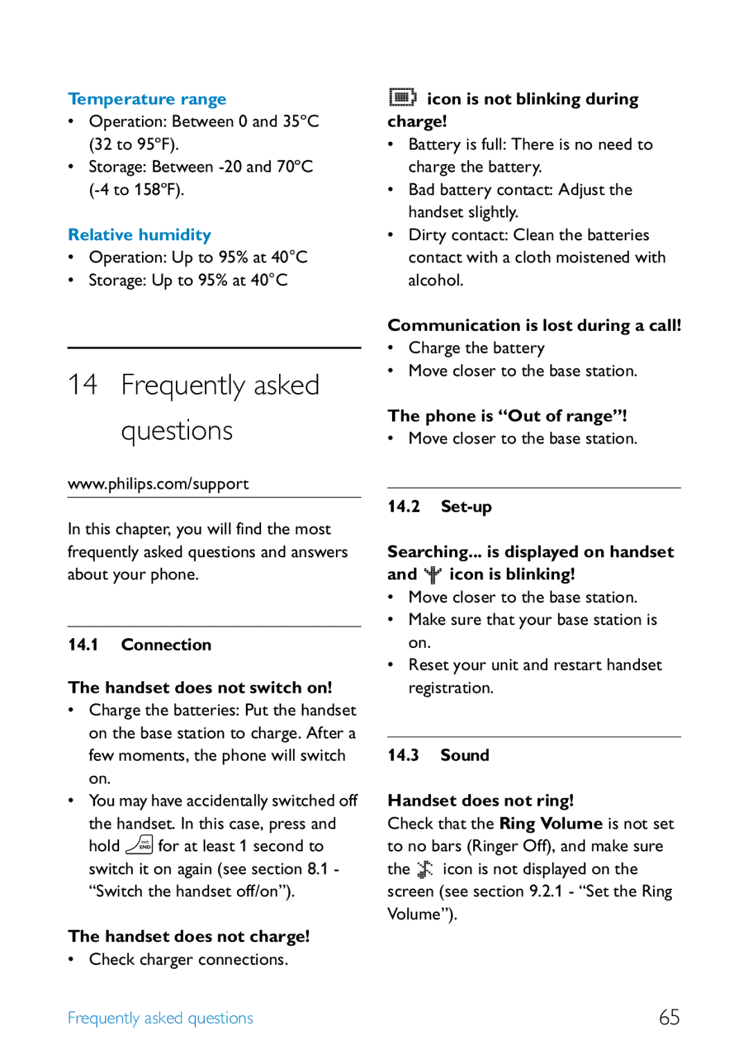 Philips SE455 manual Connection Handset does not switch on, Handset does not charge, Icon is not blinking during charge 