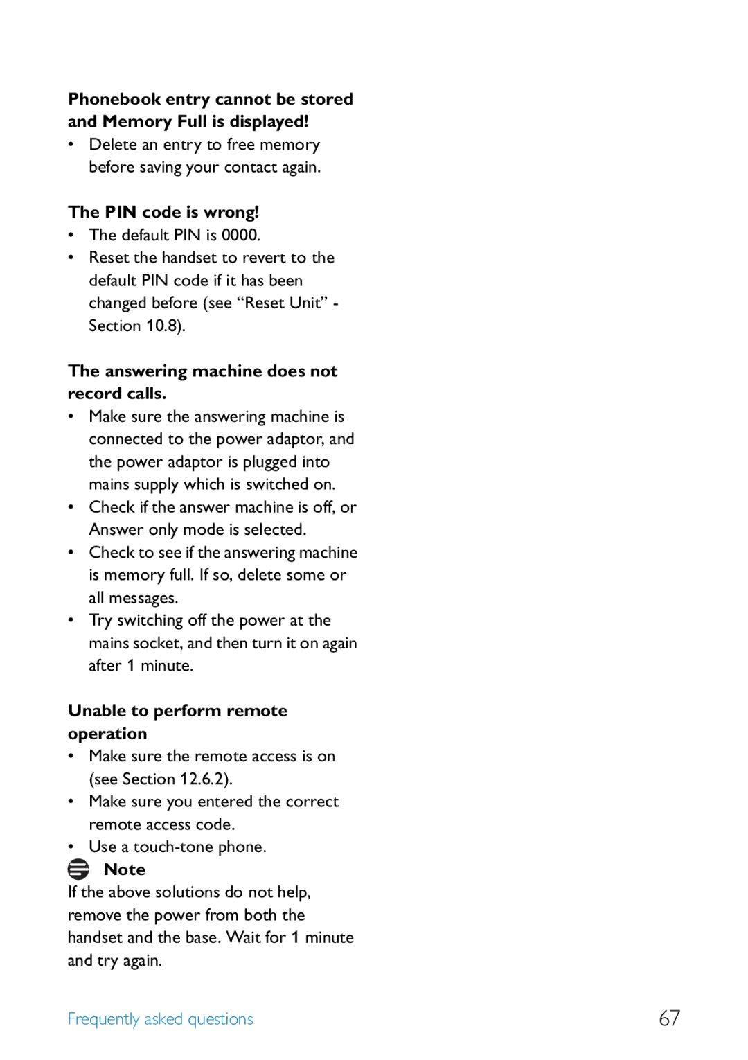 Philips SE455 manual PIN code is wrong, Answering machine does not record calls, Unable to perform remote operation 