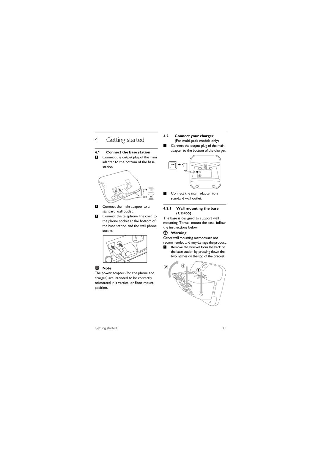 Philips CD455XY/ZZ, SE455XY/ZZ, SE455C, CD455C manual Getting started, Connect the base station, Wall mounting the base CD455 