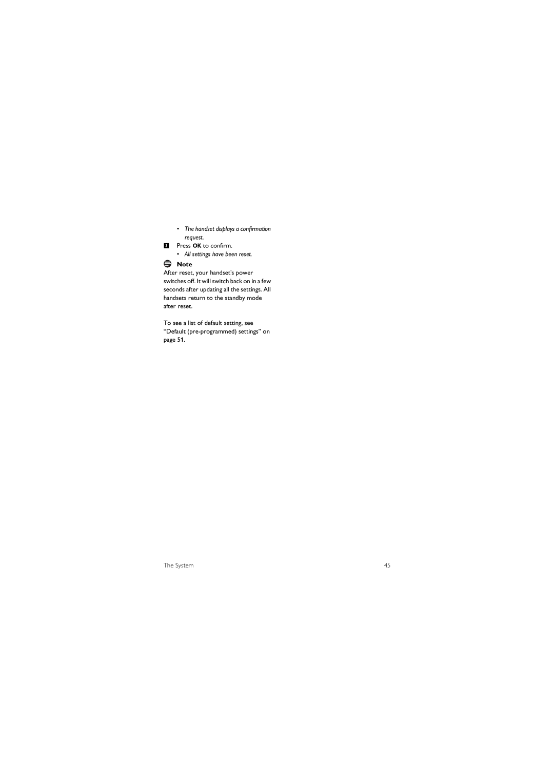 Philips CD455XY/ZZ, SE455XY/ZZ, SE455C, CD455C manual Handset displays a confirmation request, All settings have been reset 