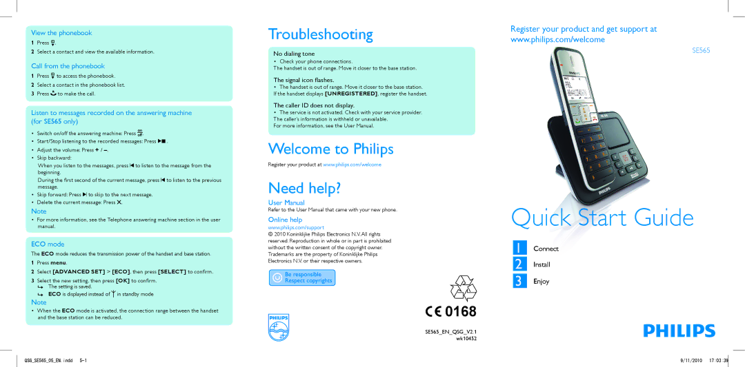 Philips SE565 quick start Troubleshooting, Welcome to Philips Need help? 