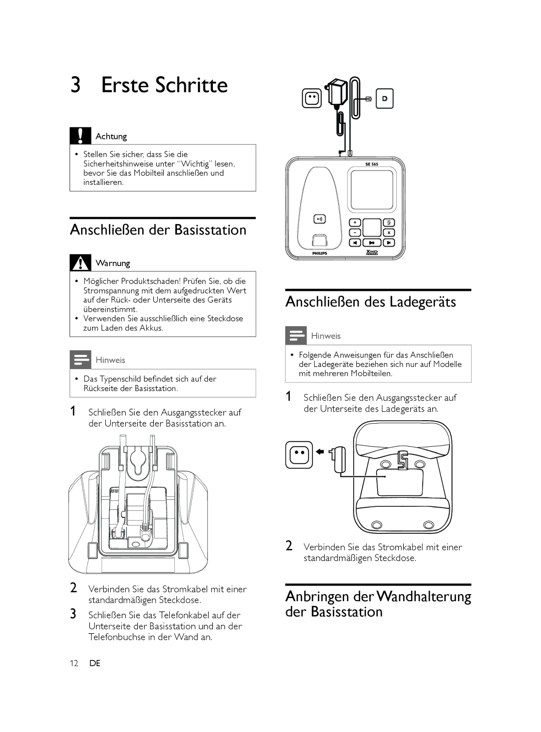 Philips SE565 manual Erste Schritte, Anschließen der Basisstation, Anschließen des Ladegeräts 