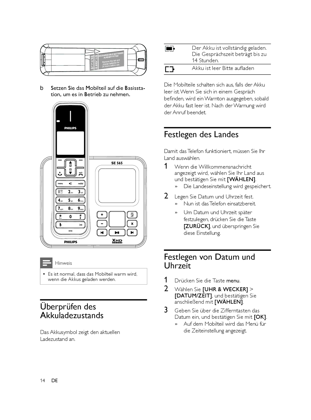 Philips SE565 manual Festlegen des Landes, Festlegen von Datum und Uhrzeit, Überprüfen des Akkuladezustands 