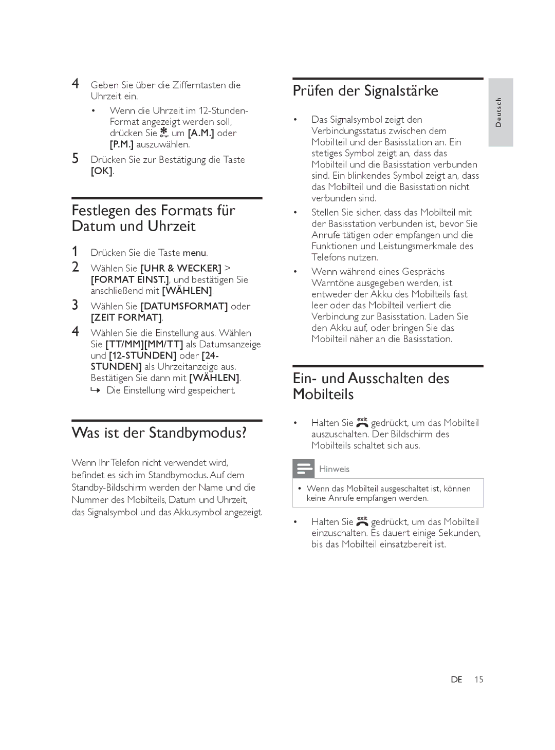 Philips SE565 manual Festlegen des Formats für Datum und Uhrzeit, Was ist der Standbymodus?, Prüfen der Signalstärke 