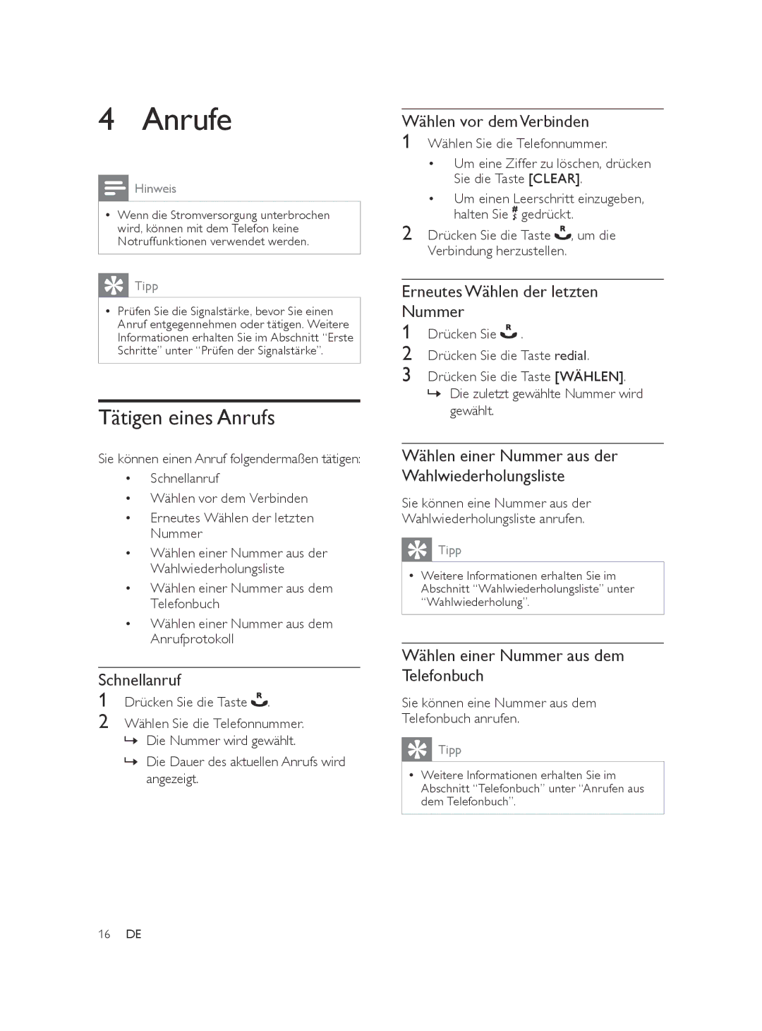 Philips SE565 manual Anrufe, Tätigen eines Anrufs 