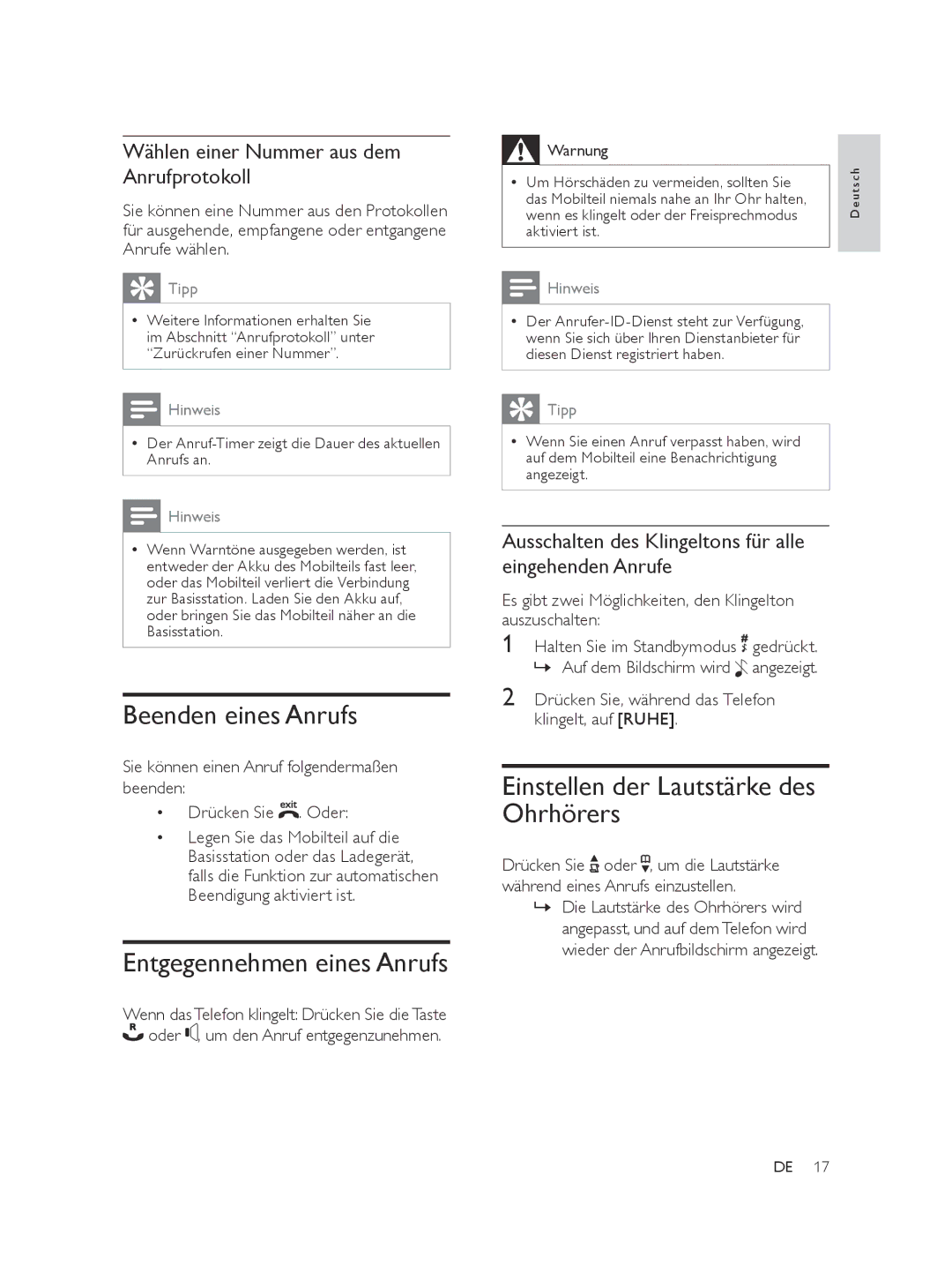 Philips SE565 manual Beenden eines Anrufs, Entgegennehmen eines Anrufs, Einstellen der Lautstärke des Ohrhörers 