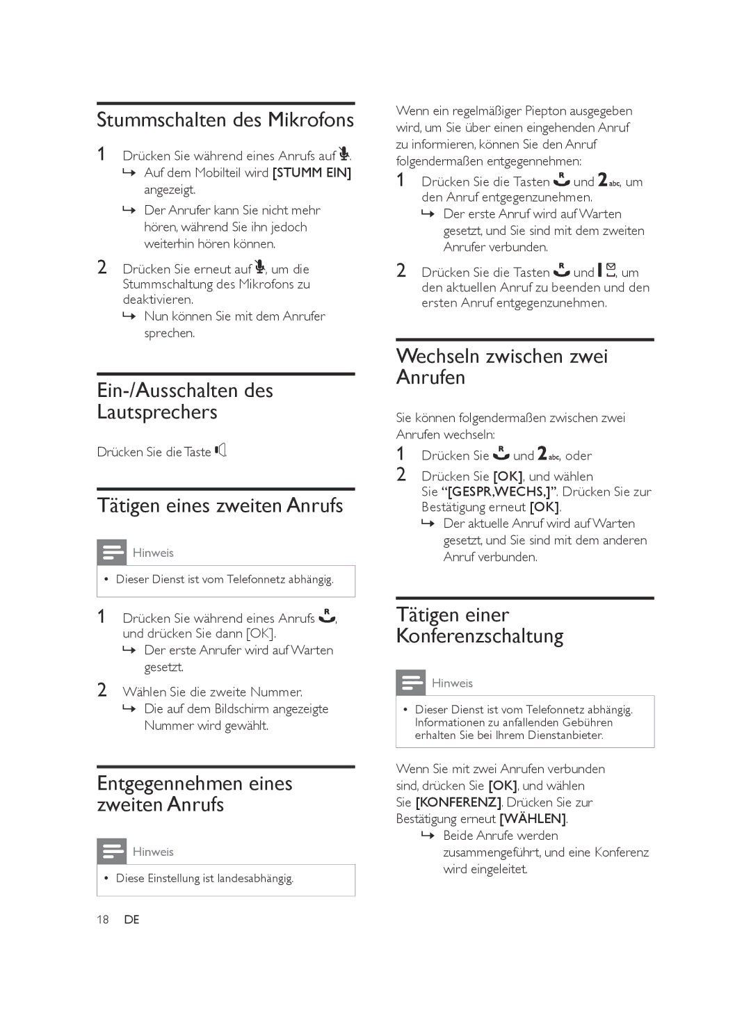 Philips SE565 manual Stummschalten des Mikrofons, Ein-/Ausschalten des Lautsprechers, Tätigen eines zweiten Anrufs 