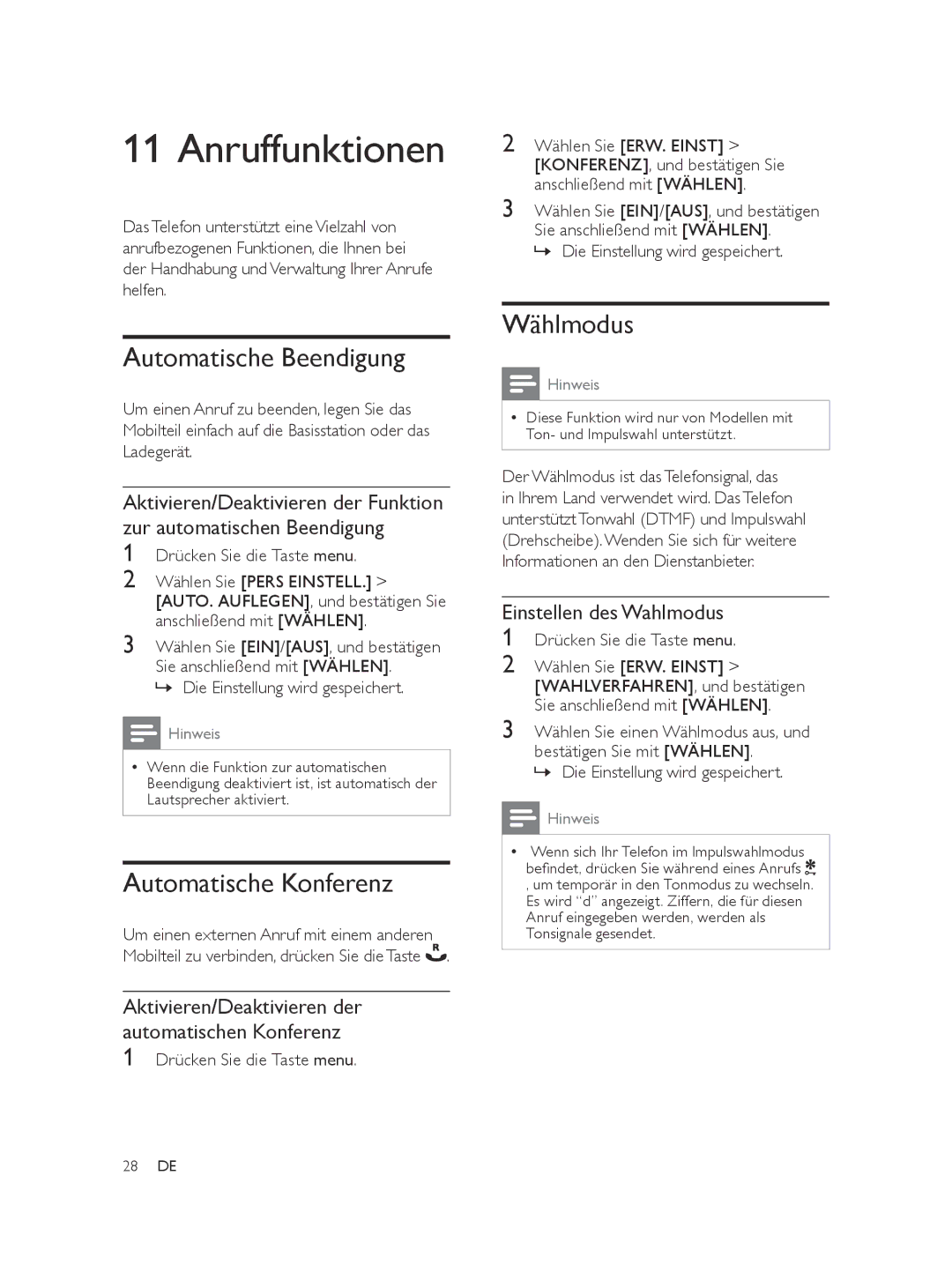 Philips SE565 manual Anruffunktionen, Automatische Beendigung, Automatische Konferenz, Wählmodus 