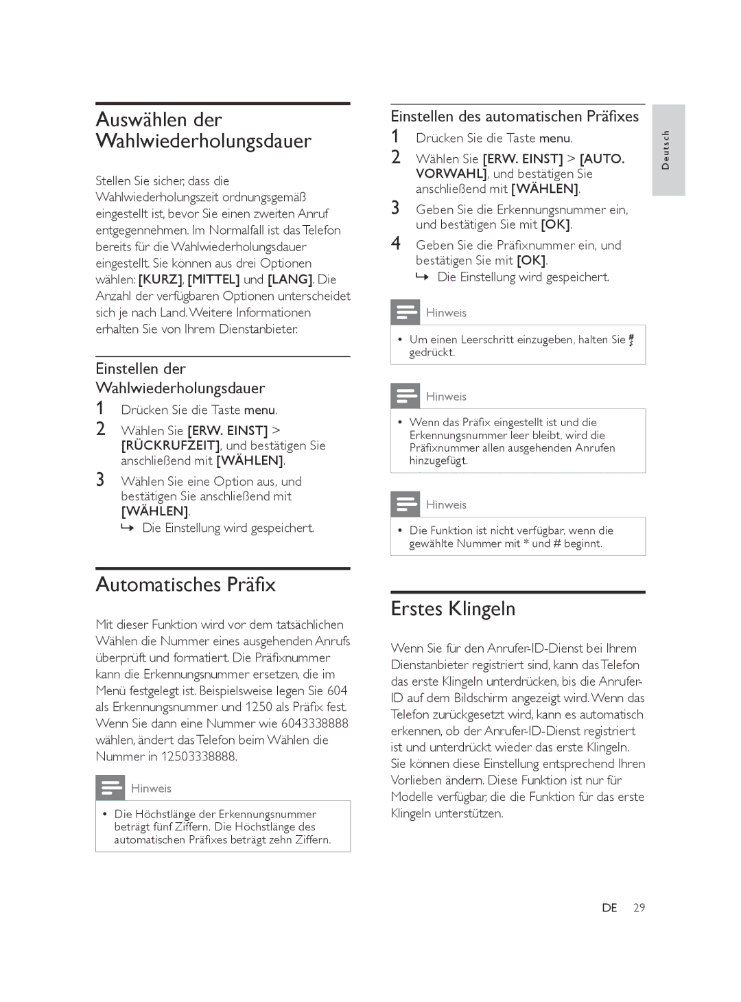 Philips SE565 manual Automatisches Präfix, Erstes Klingeln, Auswählen der Wahlwiederholungsdauer 