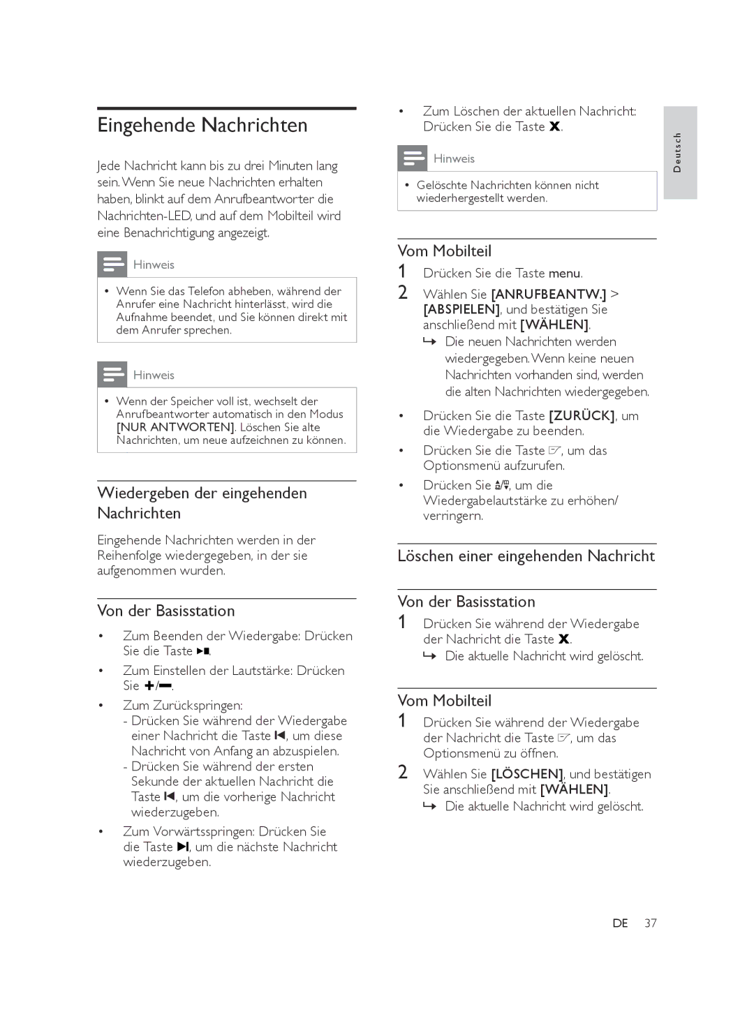 Philips SE565 manual Eingehende Nachrichten, Wiedergeben der eingehenden Nachrichten, Von der Basisstation, Vom Mobilteil 