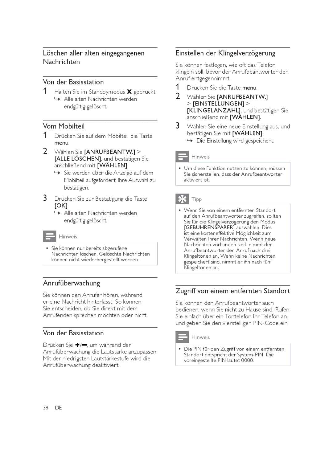 Philips SE565 manual Anrufüberwachung, Einstellen der Klingelverzögerung, Zugriff von einem entfernten Standort 