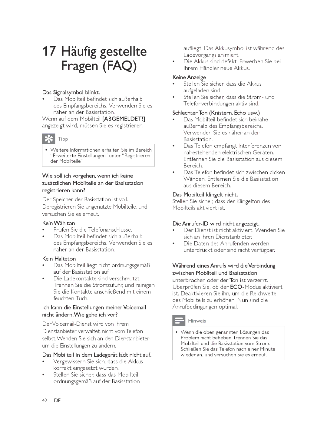 Philips SE565 manual 17 Häufig gestellte Fragen FAQ, Schlechter Ton Knistern, Echo usw 