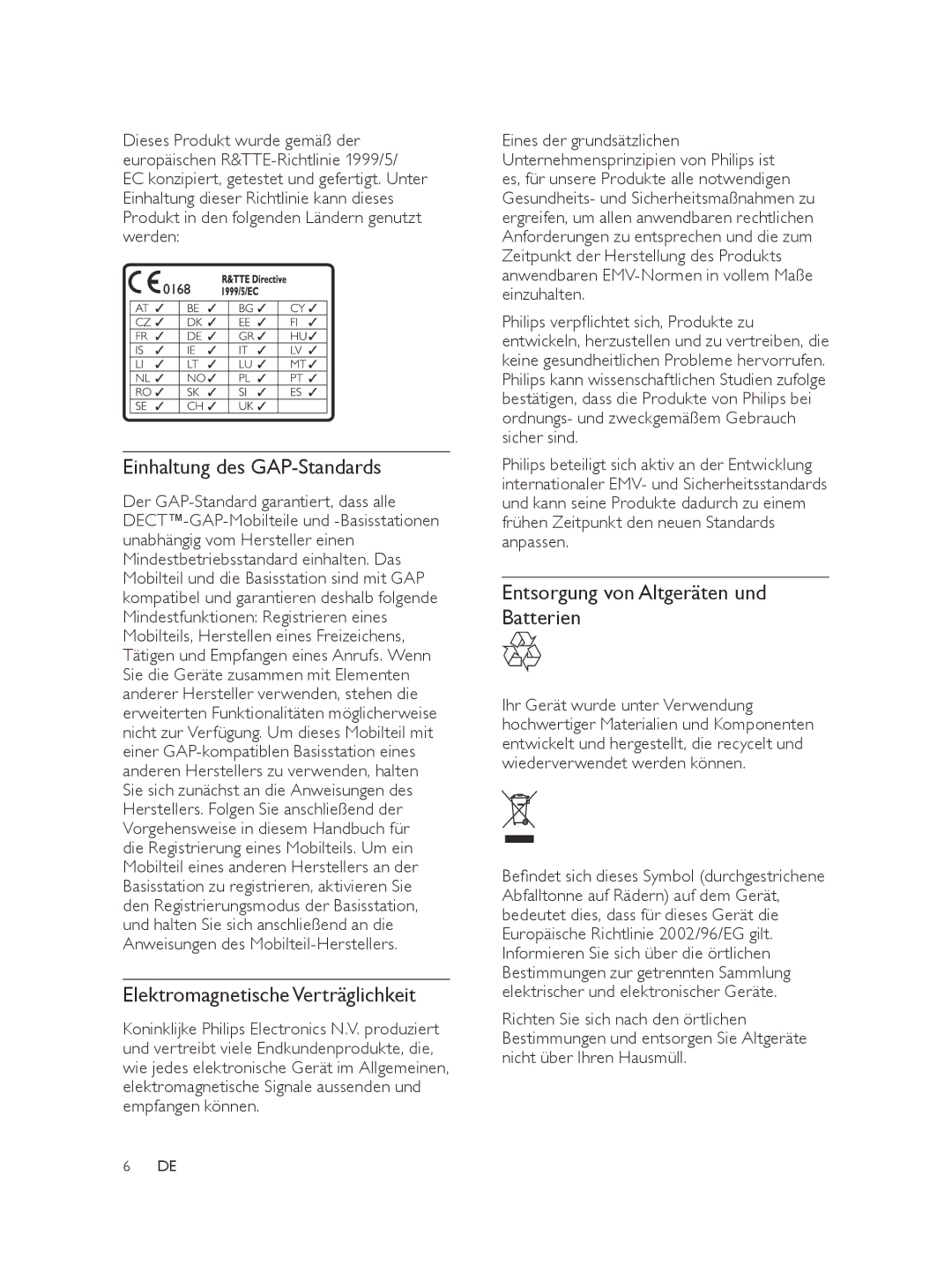 Philips SE565 Einhaltung des GAP-Standards, Elektromagnetische Verträglichkeit, Entsorgung von Altgeräten und Batterien 