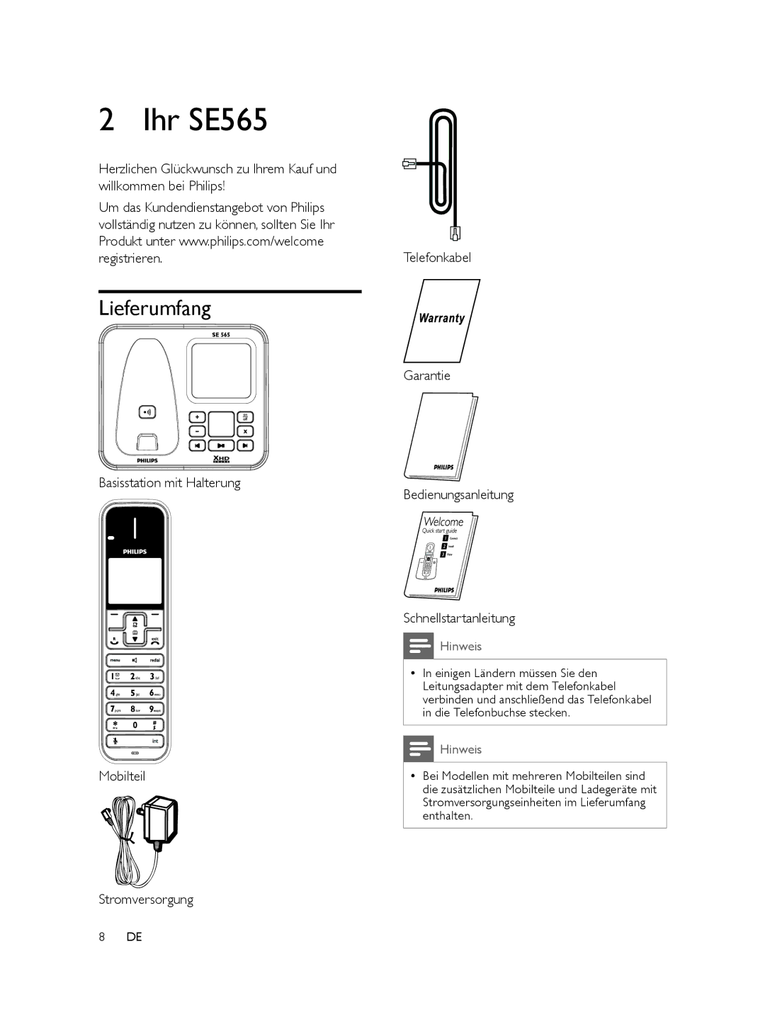 Philips manual Ihr SE565, Lieferumfang 